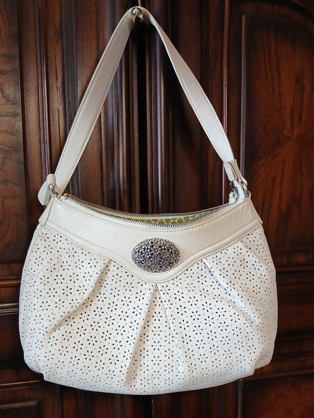 Brighton Cream Laser-Cut Hobo with Jeweled Oval Accent